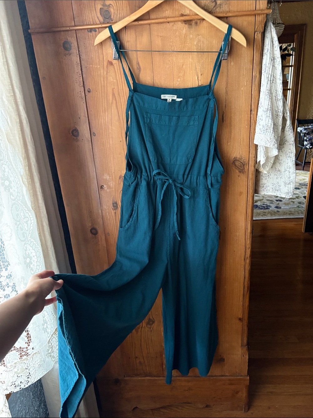 100% cotton Teal Wide-Leg Jumpsuit with Tie Waist